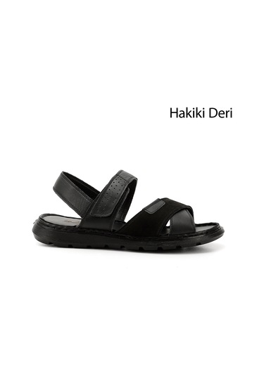 Gönderi R Siyah Cırtlı Çapraz Bantlı Hakiki Deri Sandalet Siyah