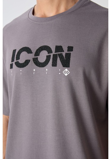 Tommy Life Koyu Gri Pamuklu Kalın Yumuşak Dokulu Oversize Fit Baskılı Erkek T-shirt - 88331 Koyu Gri