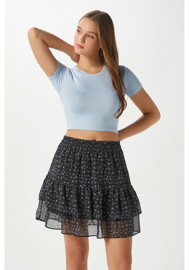 Kadın Juliet Siyah Çiçekli Astarlı Volanlı Mini Şifon Dokuma Etek