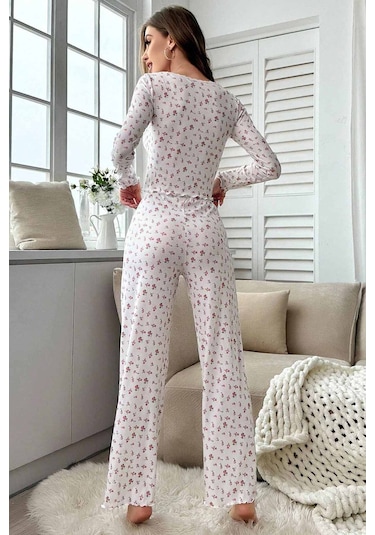 Merry See Çiçek Desenli Uzun Kollu Pijama Takımı Beyaz