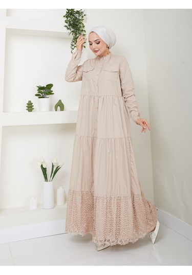 Dantelli Doğal Kumaşlı Boydan Düğmeli Kot Elbise Bej