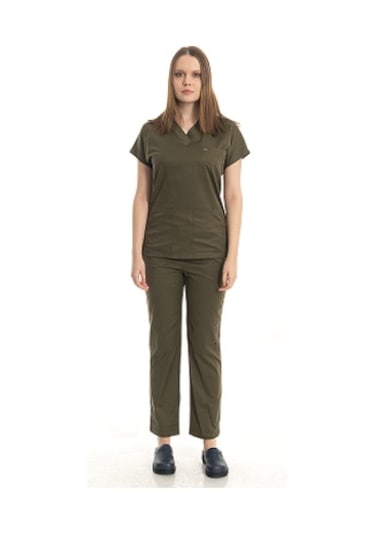 Unisex Likralı Haki Yeşil Scrubs