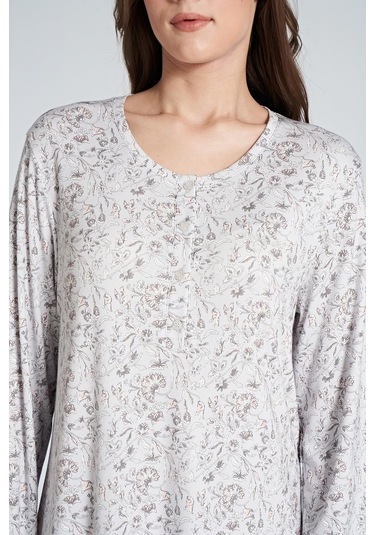 Pijadore 1066 Melisa Kadın Çiçek Desenli Uzun Kol Gecelik Gri