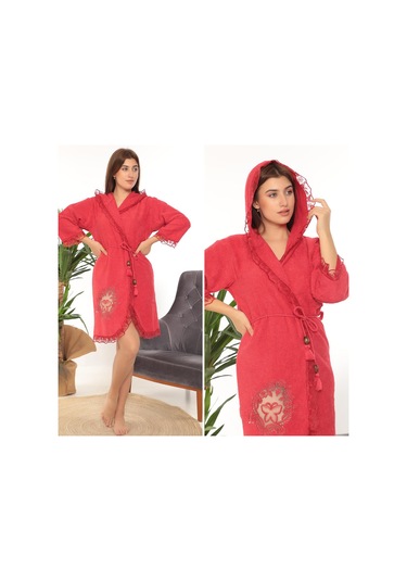 Kelebek Gelin Bornoz Seti 5 Parça Dantelli Çeyiz Bayan Bornoz Set Kırmızı