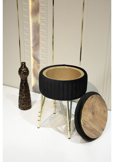 Bianco Metal Ayaklı Sehpalı Puf Altın Siyah Gold Black