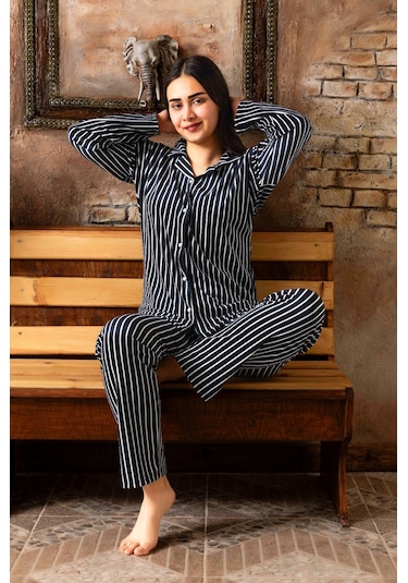 Lukitus Kadife Gömlek Yaka Kadın Pijama Takımı Siyah
