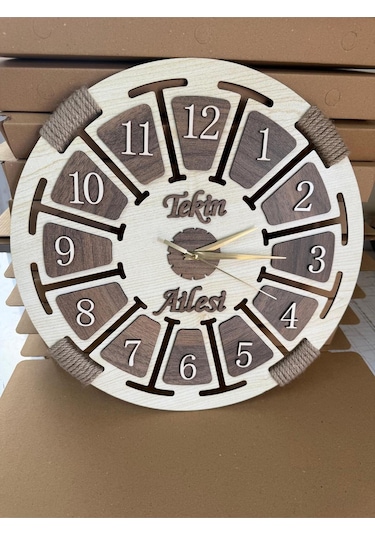 Kişiye Özel İsimli Ahşap Dekoratif Halatlı Duvar Saati ÇOk Renkli