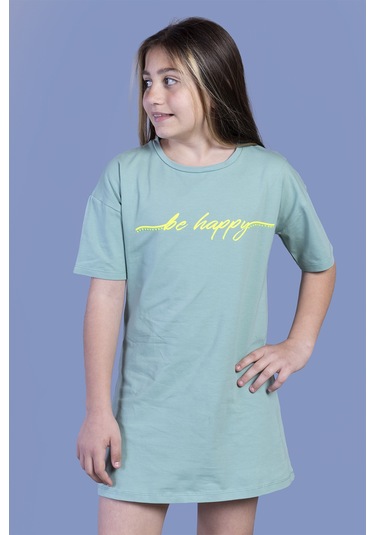 Toontoy Kız Çocuk Düşük Kol Detaylı Baskılı Elbise Yeşil