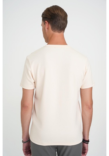 Comfort Fit Bisiklet Yaka Esnek Pamuk Casual Krem Tişört Ts 885 Krem