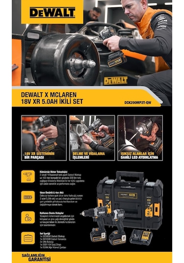 Dewalt Mclaren DCK200MP2T Kömürsüz 18V 5 Ah 2 Li Akülülü Matkap Set