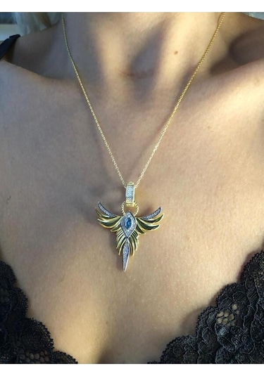 Zümrüdü Anka Kuşu Phoenix Aquamarin Taşlı Gümüş Kolye Işıklı Kutuda Sevgiliye Eşe Anneye Kolye