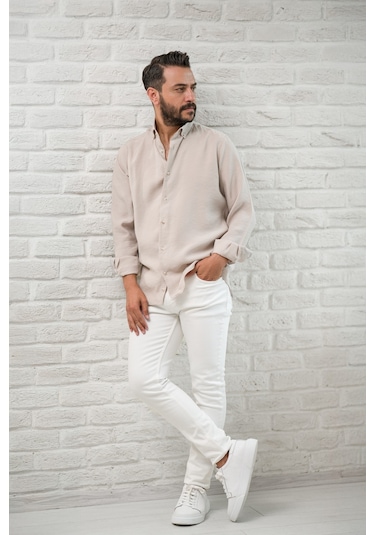 Regular Fit Yaka Düğmeli Yazlık Modal Kumaş Erkek Gömlek Krem