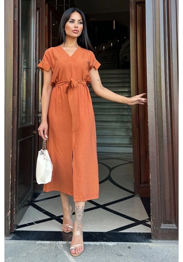 Kiremit V Yaka, Kısa Kol, Airobin Kumaş, Omuz Detaylı, Kemerli/kuşaklı, Önden Yırtmaçlı Maxi Elbise Kiremit
