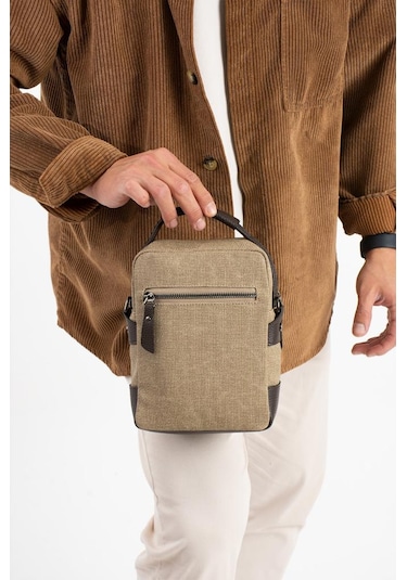 Kanvas Kumaş Erkek Postacı Çanta Omuz Çantası 20 12 Cm Çapraz Askılı Omuz Çantası Mega Çanta Krem