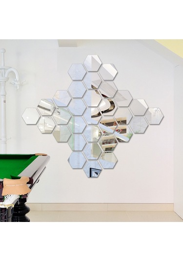 Honmex 12 Adet 10x8 Cm Gümüş Akrilik Yansıtıcı Hexagon Duvar Sticker - Otomatik Yapışkan Fonksiyonlu Gümüş
