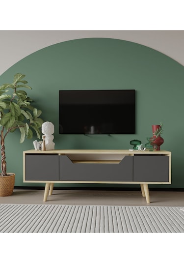Roma Ahşap Ayaklı Tv Ünitesi Tv Sehpası Safir Meşe - Antrasit 150 Cm