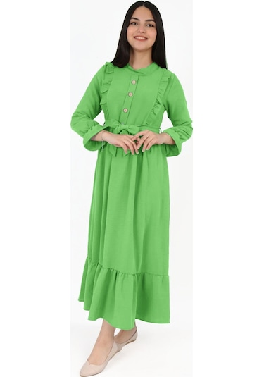 Kiz Cocuk Uzun Elbise Aerobin Keten Kumaş Tesettüre Uygun Uzun Boydan Elbise Erik Yeşili