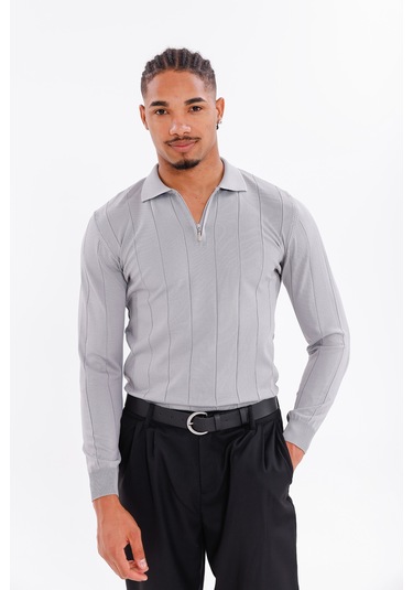 Monox Erkek Yarım Fermuarlı Polo Yaka Triko Kazak Gri