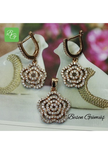 Çiçek Figürlü Taşlı Set Rose Gold - Gümüş