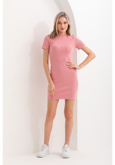 Kallima Pembe Vücuda Oturan Kısa Kollu Mini Fitilli Esnek Kalem E Pudra Pembe