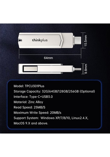 Yaozixa Thinkplus Tpcu301plus 32gb Çift Portlu Usb 3.0+type-c Bellek: Telefon-bilgisayar Uyumlu, Çelik Kasa, Plug&play