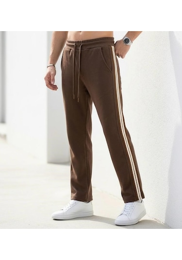 Plus Scorpion Erkek Slim Fit Eşofman Altı Yan Şeritli Pamuklu Kahverengi