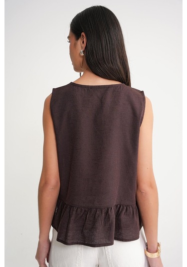 4717 Kadın Önü Bağcıklı Fırfırlı Kolsuz Keten Bluz Kahve Kahve