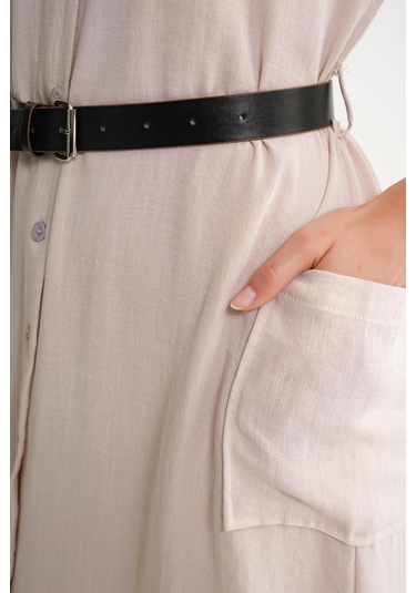 4453 Kadın Keten Cepli Midi Kemerli Elbise Taş Taş