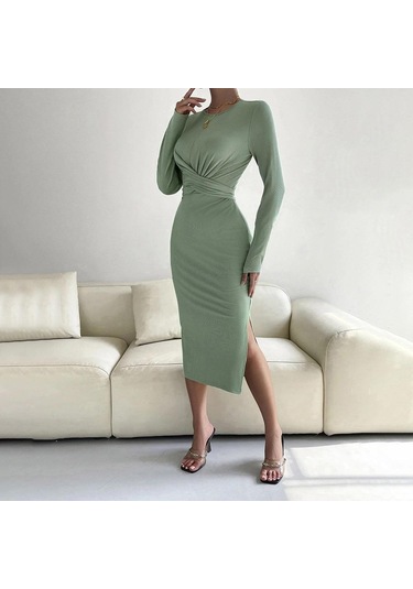Hnxc Kadın Moda Yaz Bahar Düz Renk Baskı Uzun Kollu O-boyun Yüksek Bel Günlük Elbiseler Açık Yeşil