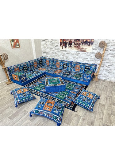 Coton Şark Köşesi Milas Desenli Köşe Takımı Mavi