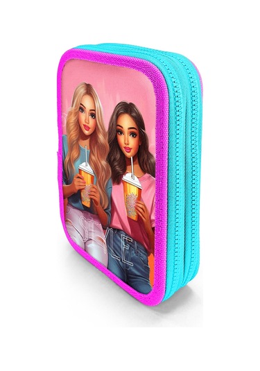 Coral High Kids Pembe Neon Mercan Fashion Girl Desenli Çift Katlı Kalem Çanta 11141 Neon Mercan