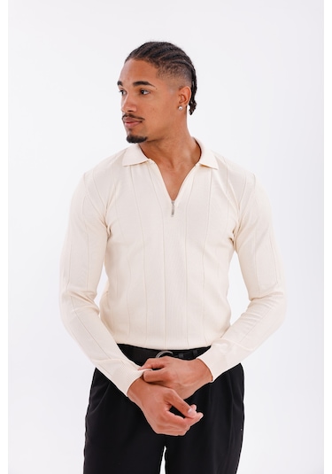 Monox Erkek Yarım Fermuarlı Polo Yaka Triko Kazak Bej