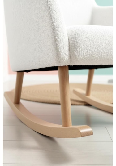 Loop Sallanan Sandalye Ve Puf Seti Ekru Teddy Kumaş Ahşap Ayaklı Berjer - Sallanan Koltuk Puf Beyaz