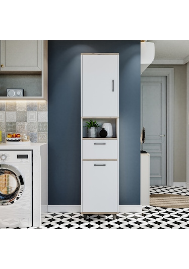 Çamaşır Sepetli Banyo Dolabı, Çok Amaçlı Dolap 45 X 200, Roomart Atlantik Çam - Beyaz Çamaşır Sepetli Banyo Dolabı, Çok Amaçlı Dolap 45 X 200, Roomart Atlantik Çam - Beyaz