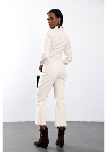5in1Canpolat Bej Polo Yaka Denim Tulum