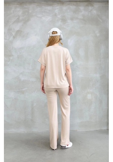 Osy Modal Yumuşak Dokulu Kumaş Bisiklet Yaka Kısa Kollu Takım - Bej Bej