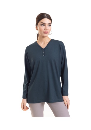 Kadın Orta Yaş ve Üzeri Dört Mevsim V Yaka Rahat Kalıp Likralı Viskoz Anne Penye Bluz 140-Koyu Yeşil