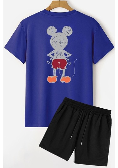 Sırt Baskılı Şort T-shirt Eşofman Takımı Mavi