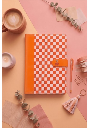 Defteri Kirazlı Turuncu Defter Magnetli Kapak Not Defteri & Ajanda A5 - 96 Sayfa - Çizgili