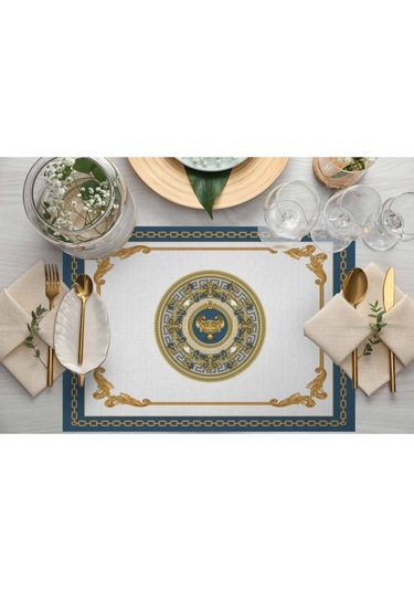 Mavi Barok Desen Kumaş Amerikan Servis 4'lü Set 35x50cm Keten, Ulusl. Yıkama Ve Solmama Sertifikası Çok Renkli