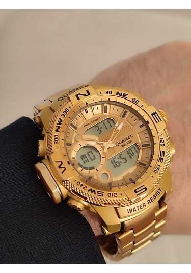 Quamer Erkek Kol Saati Analog Ve Digital Metal Sarı Kordonlu 2177 Sarı