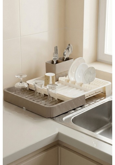 Krem Uzayabilir Sürgülü Bulaşık Sepeti, Lavabo/tezgah Üstü Açılır Kapanır Bulaşıklık Kurutma Sepeti Krem