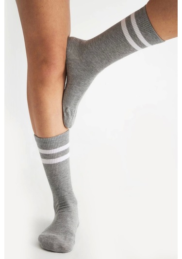 Bambu Kadın Gri Kaydırmaz Taban Silikon Baskı Yoga Fitness Pilates Bale Dans Tenis Çorabı Çok Renkli