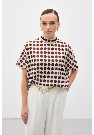 Sateen Yarasa Kol Salaş Bluz - Puanlı Kahve-136721 Kahverengi