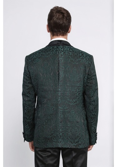 Barok Desenli Kadife Şal Yaka Yelekli Ördek Yeşili Smokin - Wessi Yeşil
