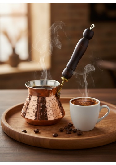 Ludıa İşlemeli Ahşap Saplı El Yapımı Eskitme Bakır Cezve M3