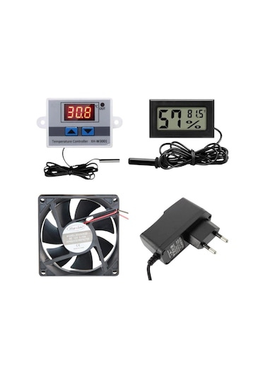 Kuluçka Makinesi Seti - 4 Parça - W3001 Termostat 220v - Isı Nem Ölçer - 12v Adaptör - 80x80 12v Fan-4930