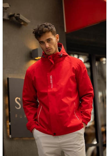 Yeast İçi Astarlı Suya Dayanıklı Kapşonlu Fermuarlı Yağmurluk - Kırmızı Kırmızı