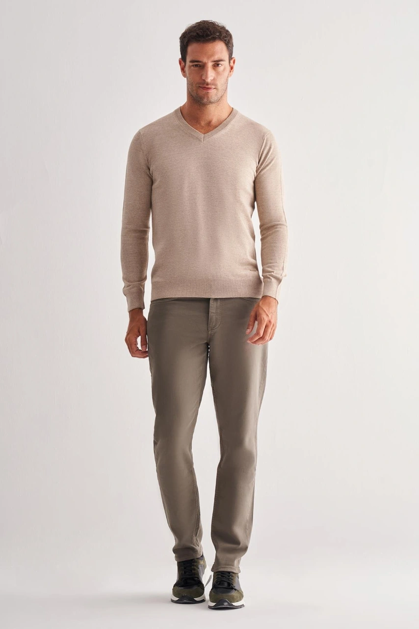 İmza Bej V Yaka Uzun Kol Cepsiz Comfort Fit Classic Yünlü Triko Kazak 1012255002 Bej