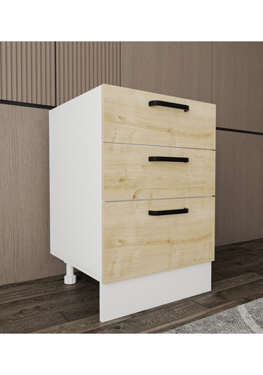 Napoli Alt Dolap Ayaklı Çekmece Modül Dolap 60 Cm Safir Meşe - Beyaz